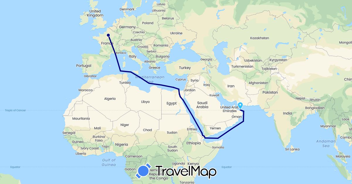 TravelMap itinerary: driving, boat in Egypt, Eritrea, France, Italy, Oman (Africa, Asia, Europe)